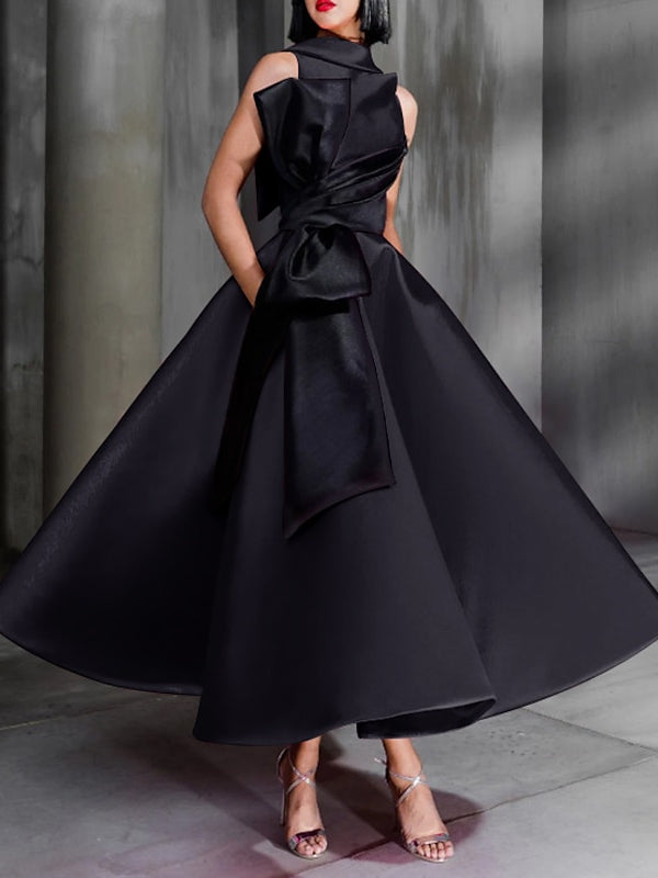 Robe de Cocktail à Col Montant et Longueur Cheville avec Nœud Papillon