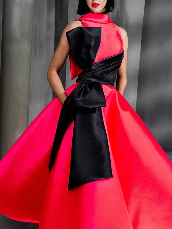 Robe de Cocktail à Col Montant et Longueur Cheville avec Nœud Papillon