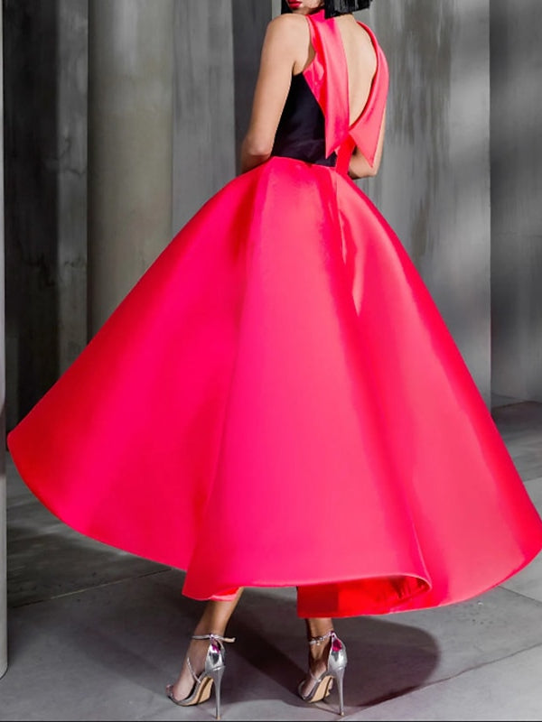 Robe de Cocktail à Col Montant et Longueur Cheville avec Nœud Papillon
