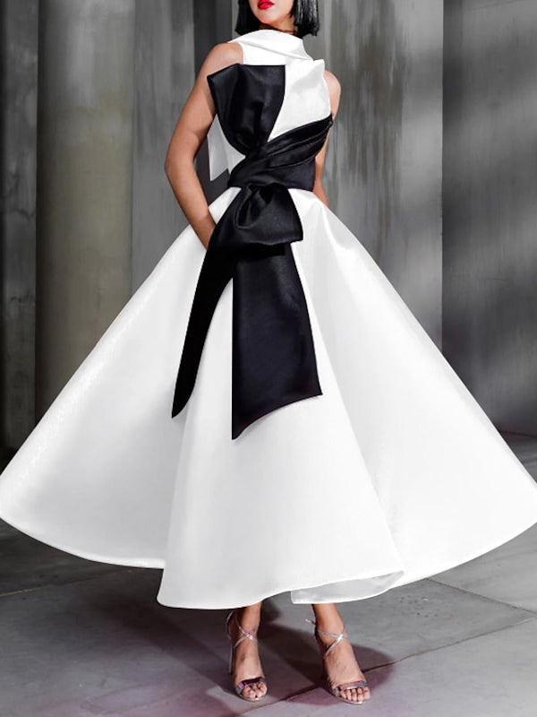 Robe de Cocktail à Col Montant et Longueur Cheville avec Nœud Papillon