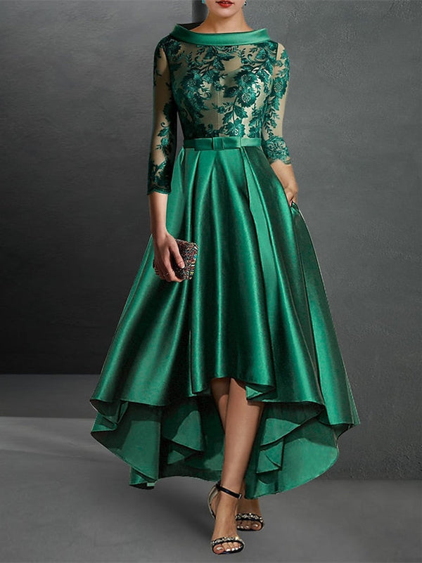 Robe de Cocktail Asymétrique à Manches 3/4 et Col Bijou, Coupe A-Line/Princess