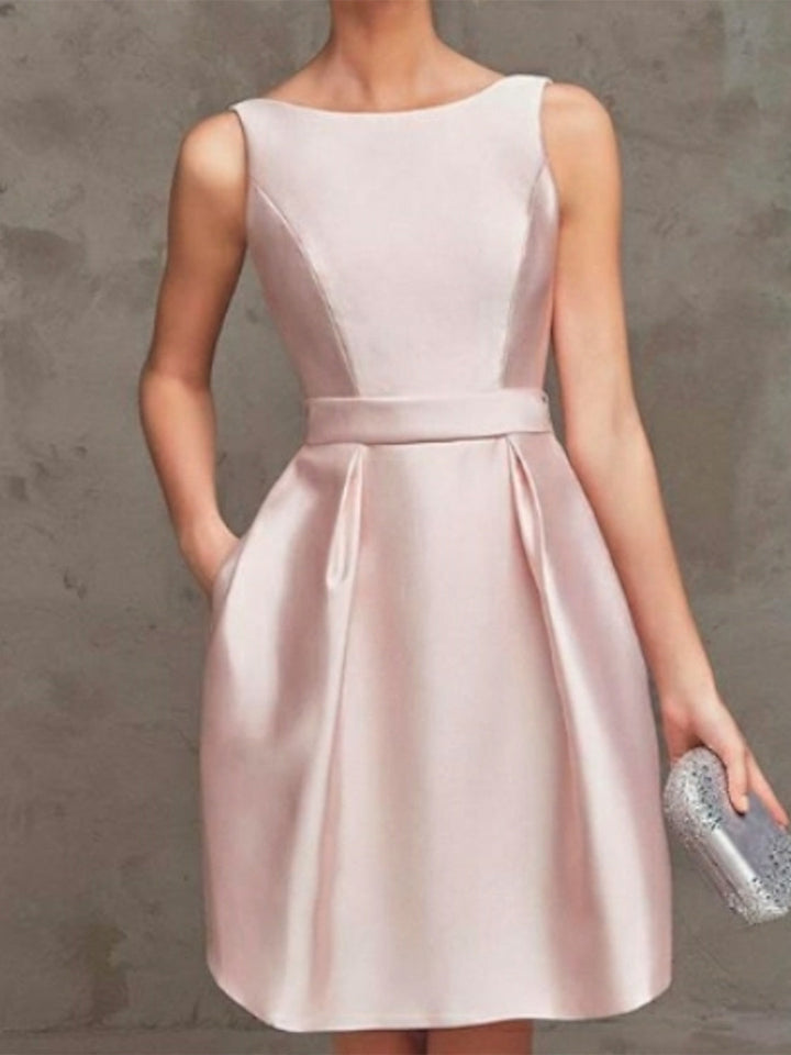 Robe de Cocktail Trapèze/Princesse à Col Bateau Sans Manches avec Plis