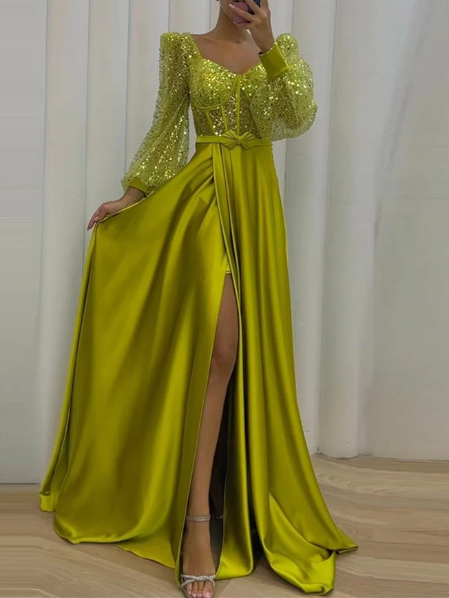 Robe de Soirée Trapèze/Princesse à Manches Longues et Décolleté en Cœur avec Fente