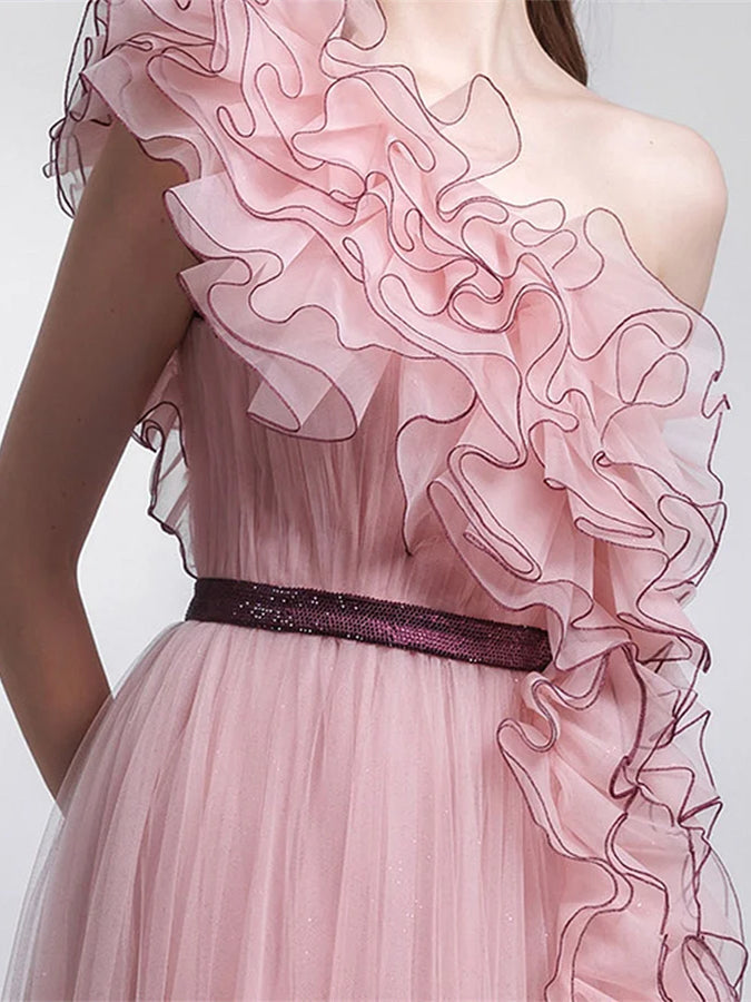 Robe de Soirée Trapèze/Princesse Sans Manches à Une Épaule et Volants en Maille
