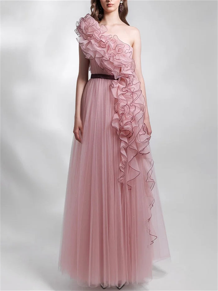 Robe de Soirée Trapèze/Princesse Sans Manches à Une Épaule et Volants en Maille