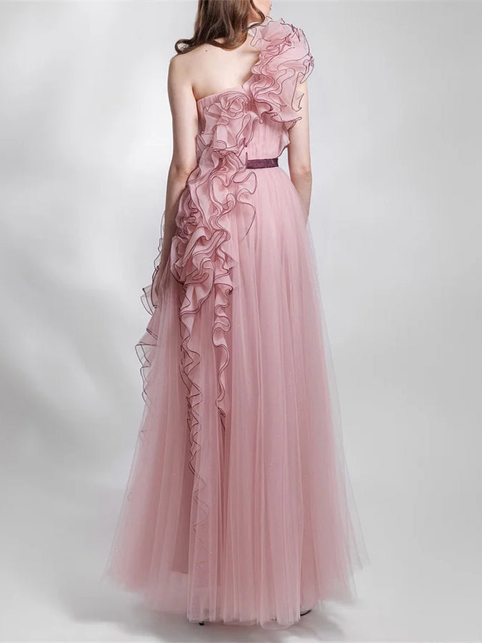 Robe de Soirée Trapèze/Princesse Sans Manches à Une Épaule et Volants en Maille