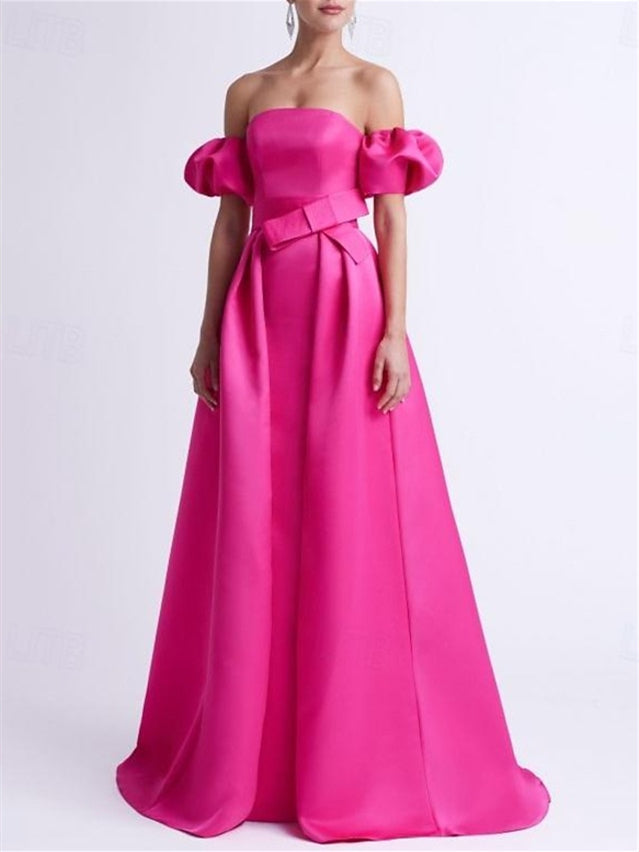 Robe de Soirée Trapèze/Princesse à Épaules Dénudées et Longueur Au Sol avec Nœud(S)
