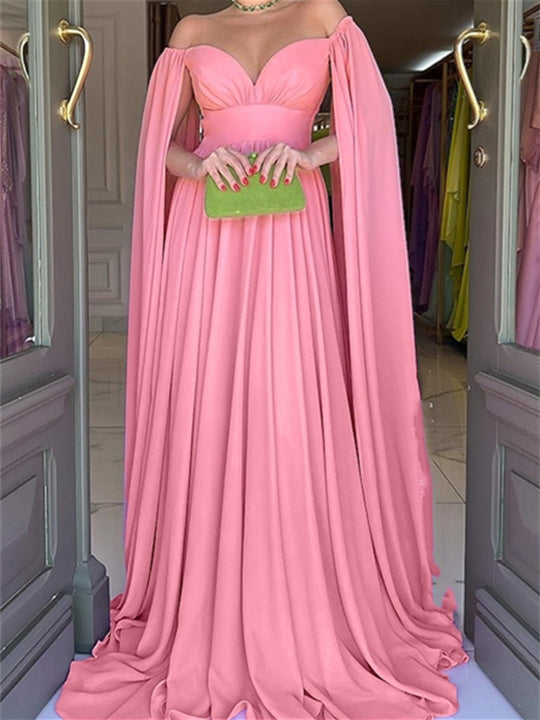 Robe de Soirée Trapèze/Princesse à Épaules Dénudées et Longueur Au Sol avec Traîne Watteau