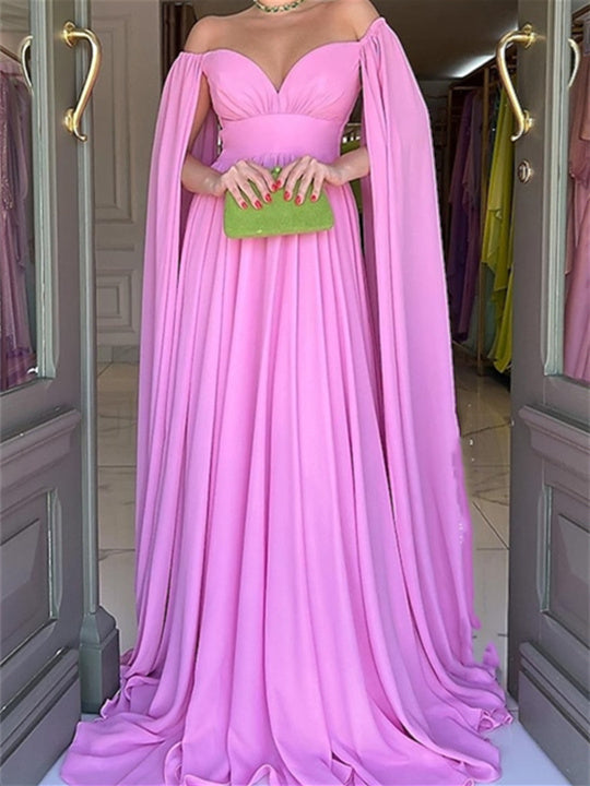 Robe de Soirée Trapèze/Princesse à Épaules Dénudées et Longueur Au Sol avec Traîne Watteau