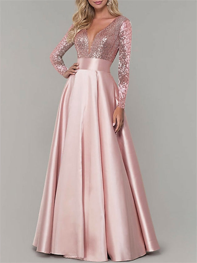 Robe de Soirée Trapèze/Princesse à Col en V et Manches Longues