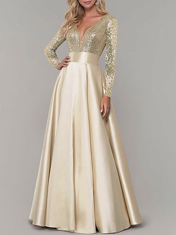 Robe de Soirée Trapèze/Princesse à Col en V et Manches Longues