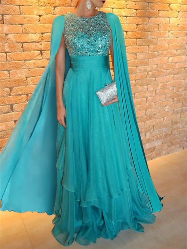 Robe de Soirée Trapèze/Princesse à Col en V et Longueur Au Sol avec Appliques et Châle
