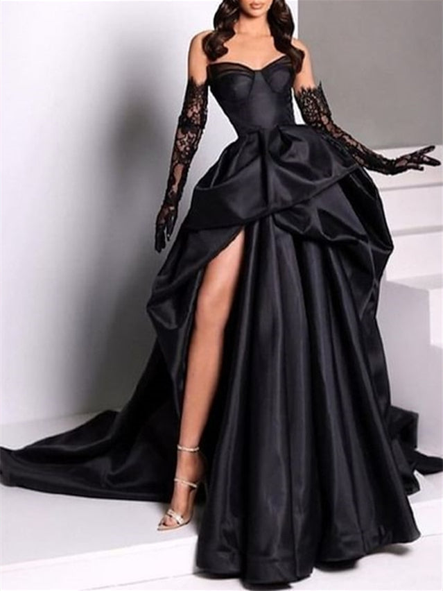 Robe de Soirée Trapèze/Princesse Sans Manches, Traîne Courte, Sans Bretelles, avec Fente