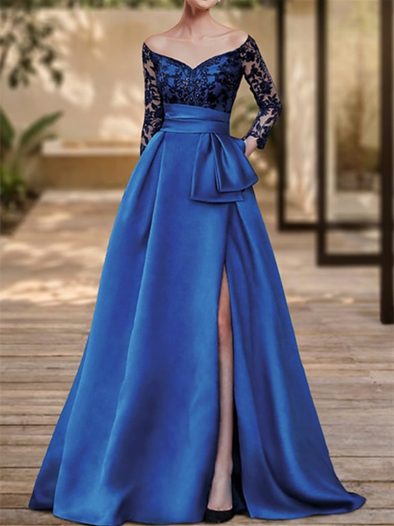 Robe de Soirée Trapèze/Princesse à Col en V et Manches Longues avec Fente