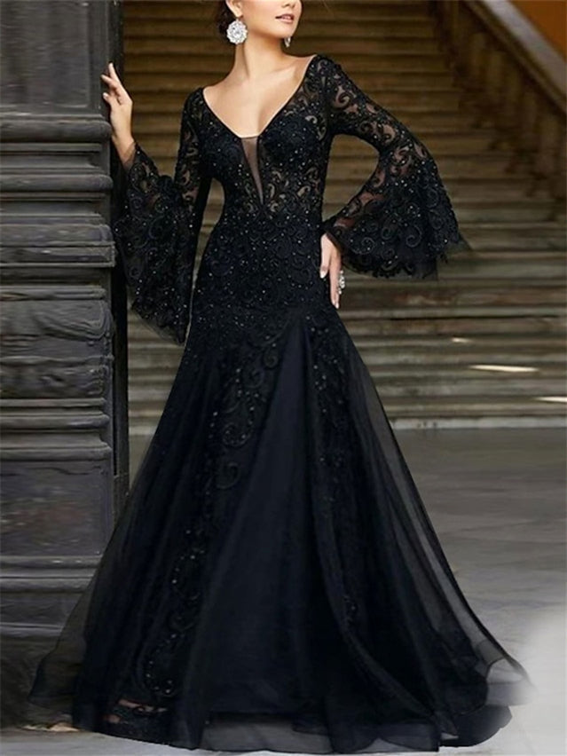Robe de Soirée Trapèze/Princesse à Col en V et Manches Longues avec Appliques