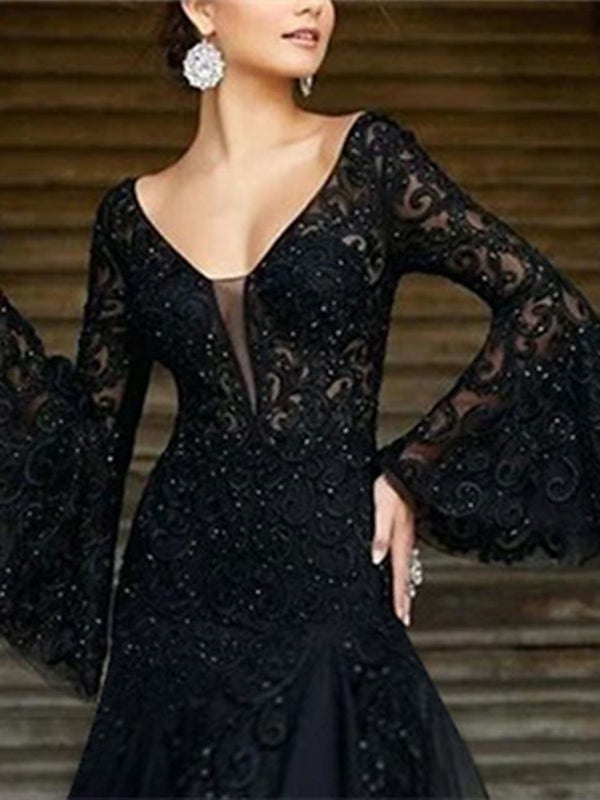 Robe de Soirée Trapèze/Princesse à Col en V et Manches Longues avec Appliques