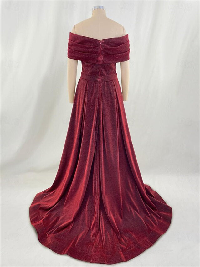 Robe de Soirée Trapèze/Princesse à Épaules Dénudées et Traîne avec Paillettes