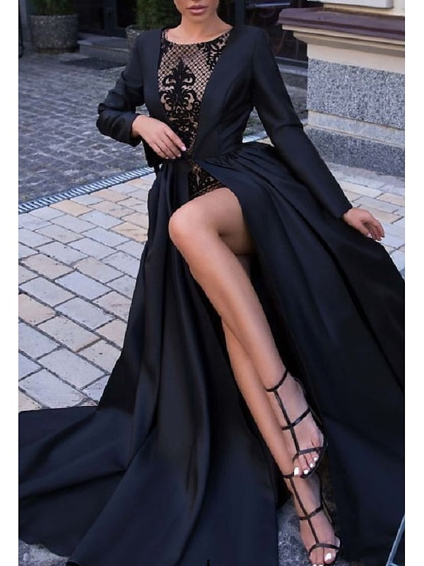 Robe de Soirée à Manches Longues et Traîne Courte avec Fente