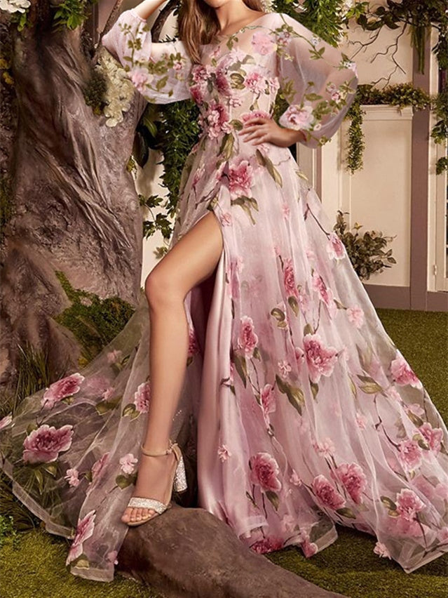 Robe de Soirée Trapèze/Princesse à Manches Longues et Traîne Courte avec Imprimé Floral