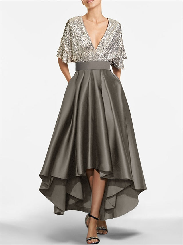 Robe de Cocktail Asymétrique à Manches Courtes et Col en V, Coupe A-Line/Princess