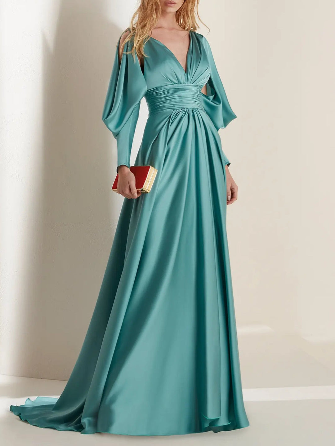 Robe de Soirée Trapèze/Princesse à Col en V, Manches Longues, Longueur Au Sol, avec Plis