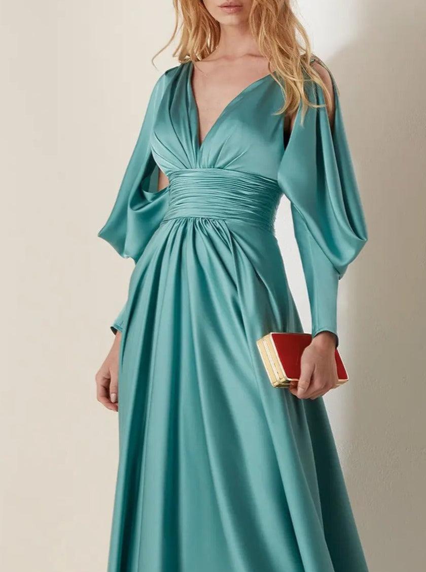 Robe de Soirée Trapèze/Princesse à Col en V, Manches Longues, Longueur Au Sol, avec Plis