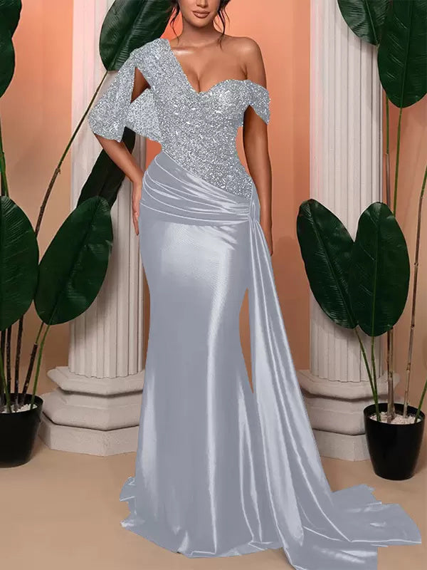 Robe de Mariée Sirène/Trompette Asymétrique Sans Manches, Longueur Au Sol, avec Paillettes