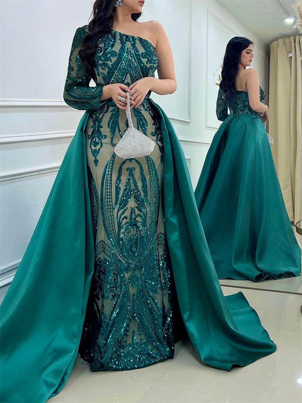 Robe de Soirée Fourreau/Colonne à Une Épaule et Traîne avec Paillettes