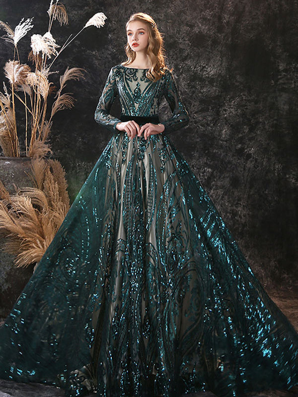 Robe de Soirée Trapèze/Princesse à Encolure Dégagée et Manches Longues avec Traîne et Dentelle