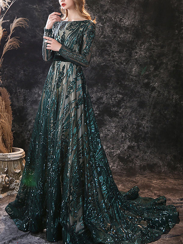 Robe de Soirée Trapèze/Princesse à Encolure Dégagée et Manches Longues avec Traîne et Dentelle