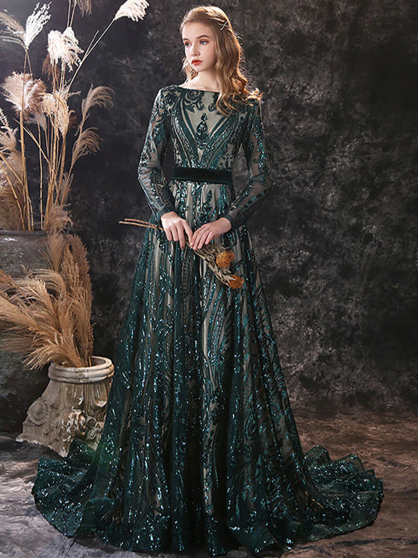 Robe de Soirée Trapèze/Princesse à Encolure Dégagée et Manches Longues avec Traîne et Dentelle