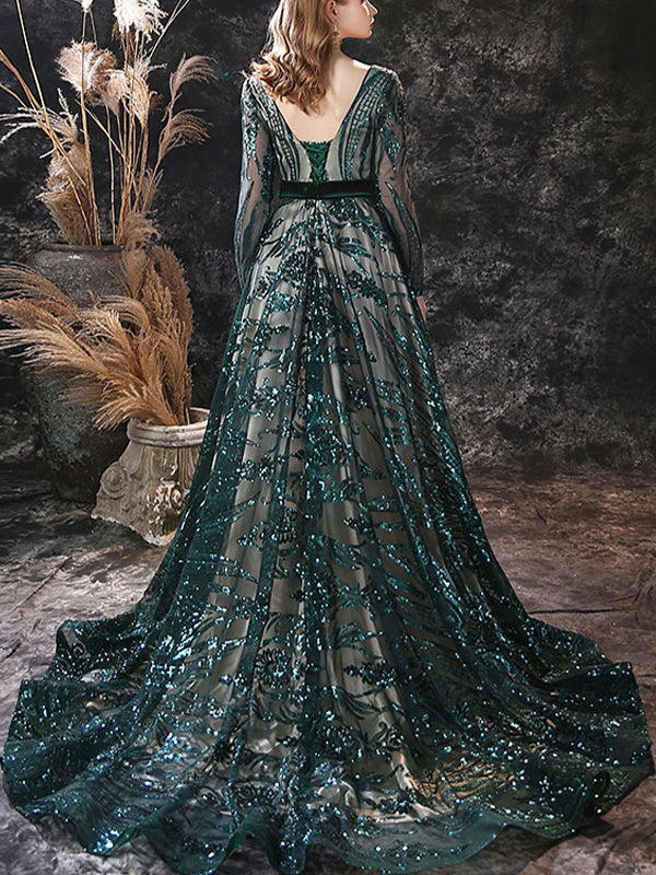 Robe de Soirée Trapèze/Princesse à Encolure Dégagée et Manches Longues avec Traîne et Dentelle