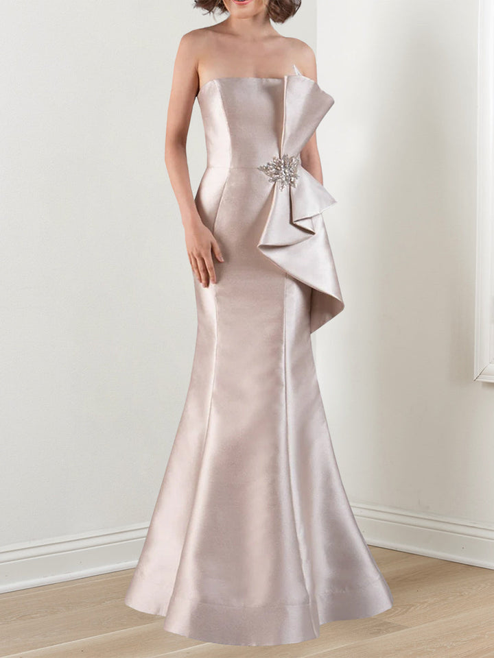 Robe de Soirée Sirène/Trompette en Satin Sans Bretelles avec Perles