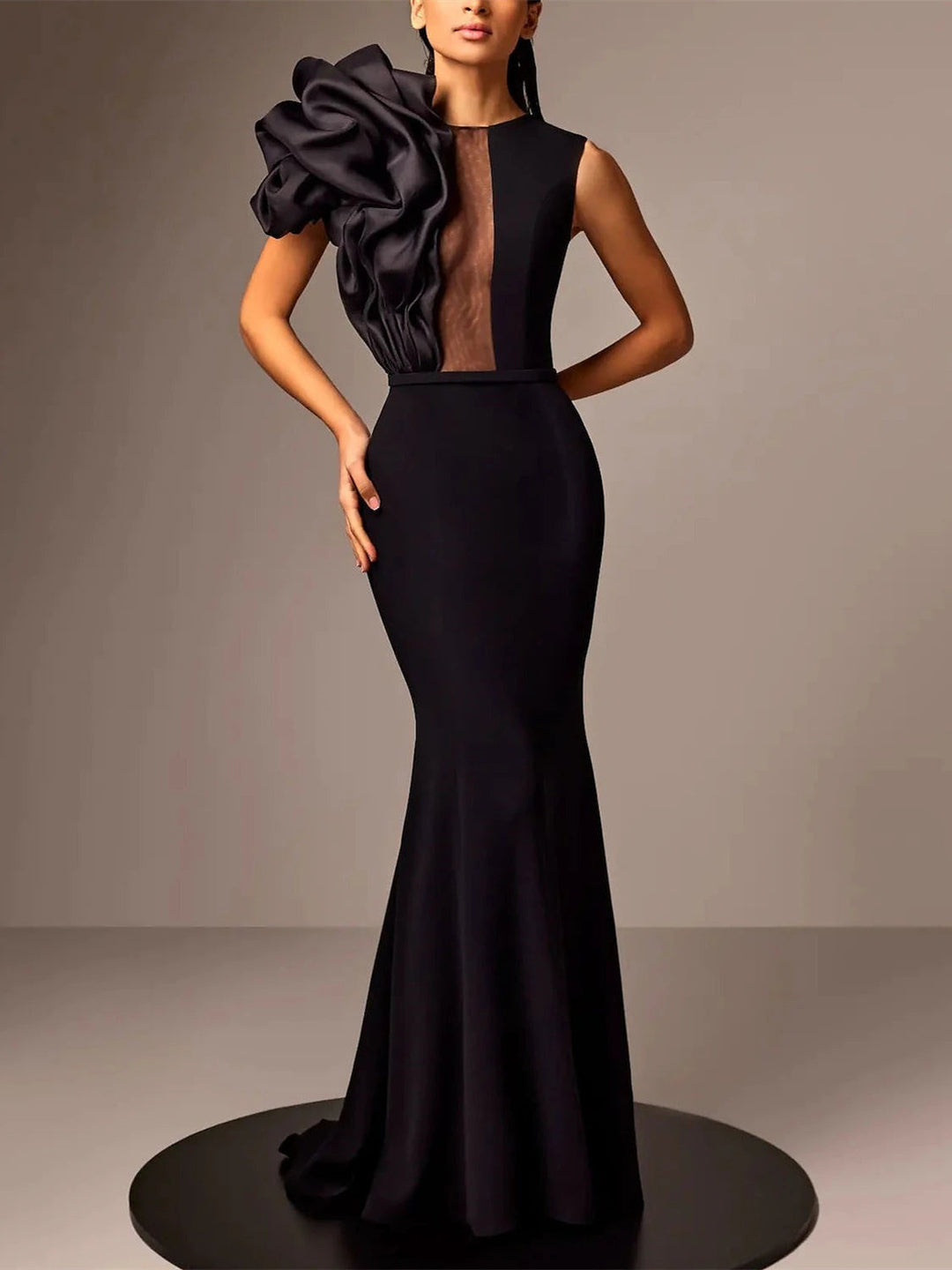 Robe de Soirée Sirène/Trompette en Satin Sans Manches avec Fleur