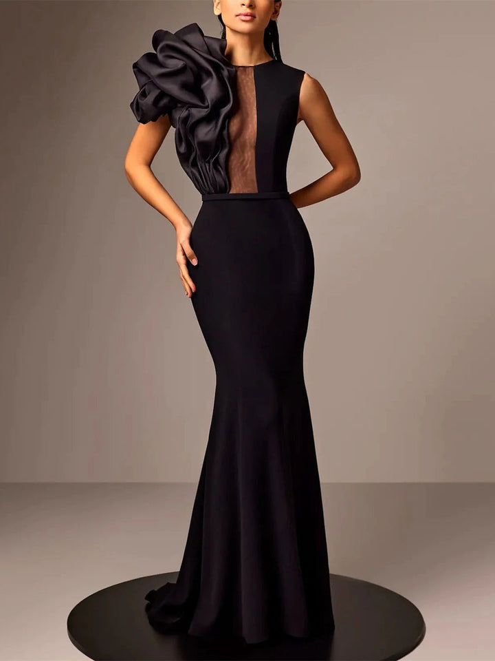 Robe de Soirée Sirène/Trompette en Satin Sans Manches avec Fleur