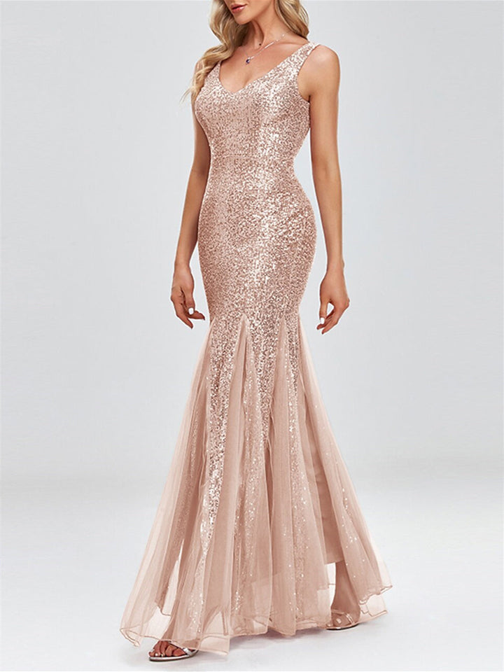 Robe de Soirée à Paillettes Sans Manches, Style Sirène, Col en V, Style Trompette