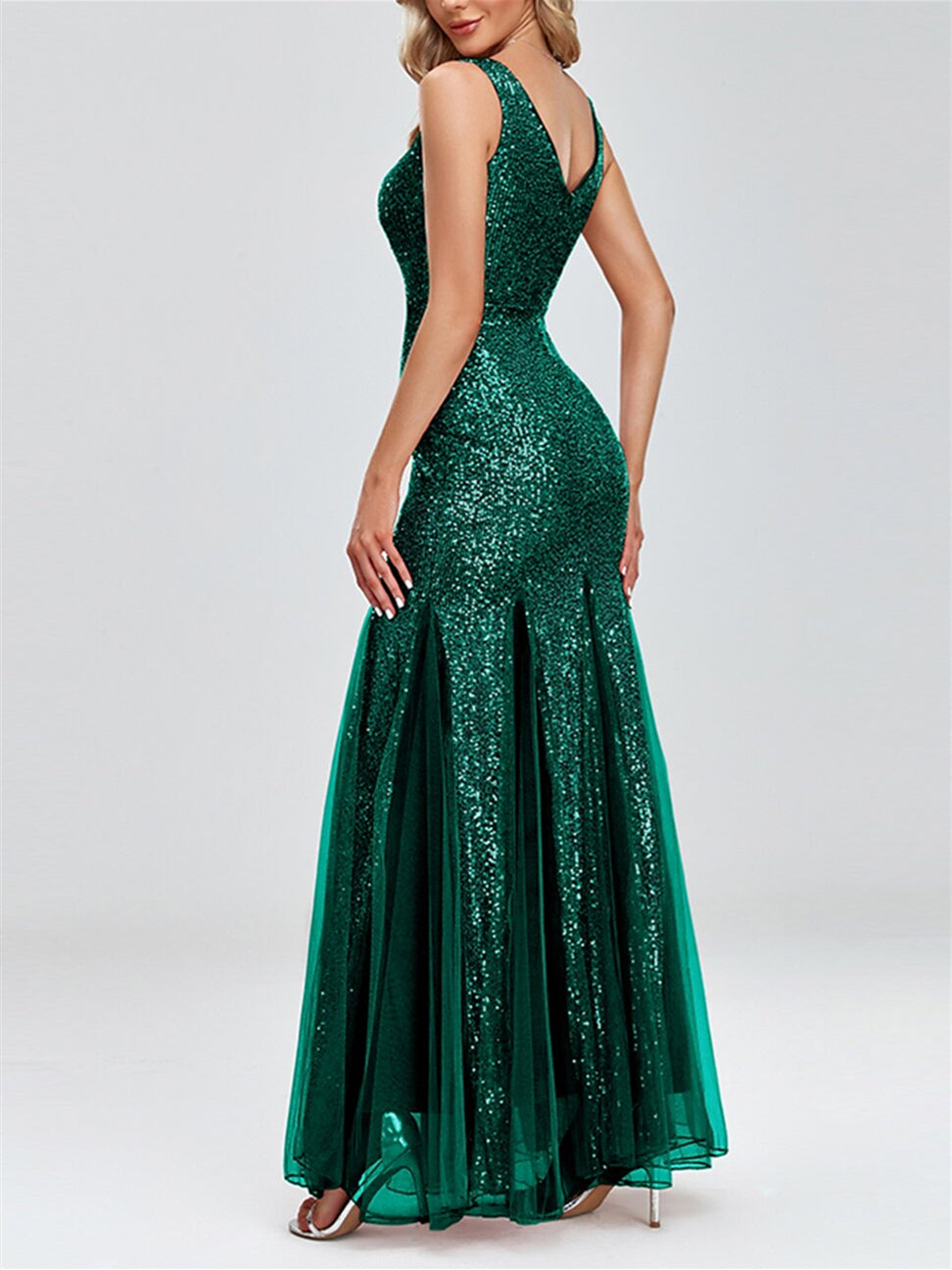 Robe de Soirée à Paillettes Sans Manches, Style Sirène, Col en V, Style Trompette