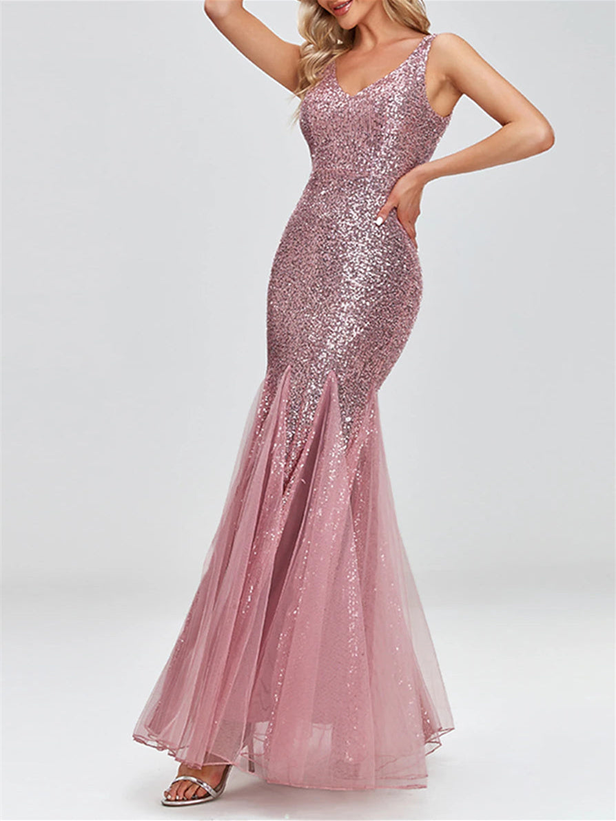 Robe de Soirée à Paillettes Sans Manches, Style Sirène, Col en V, Style Trompette