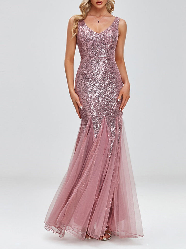 Robe de Soirée à Paillettes Sans Manches, Style Sirène, Col en V, Style Trompette