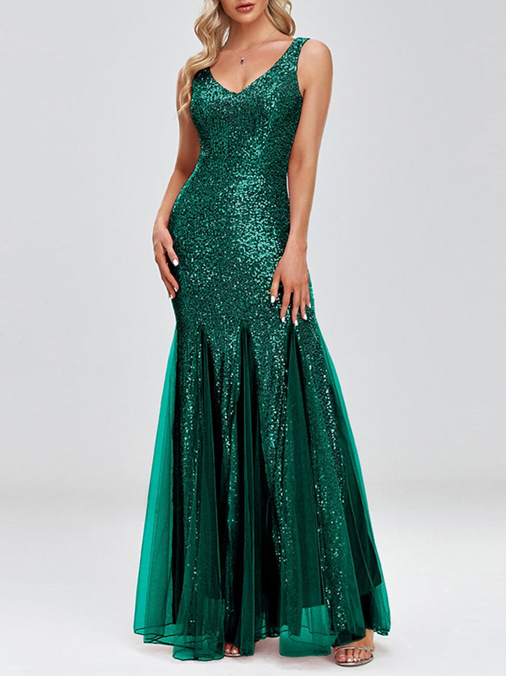 Robe de Soirée à Paillettes Sans Manches, Style Sirène, Col en V, Style Trompette