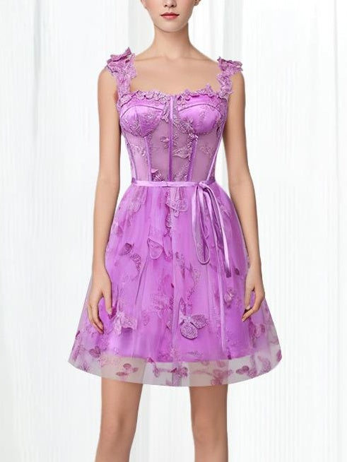 Robe de Soirée Courte/Mini, Coupe A-Line/Princesse, Épaules Dénudées, Sans Manches, avec Broderies, pour Cocktail, Soirée