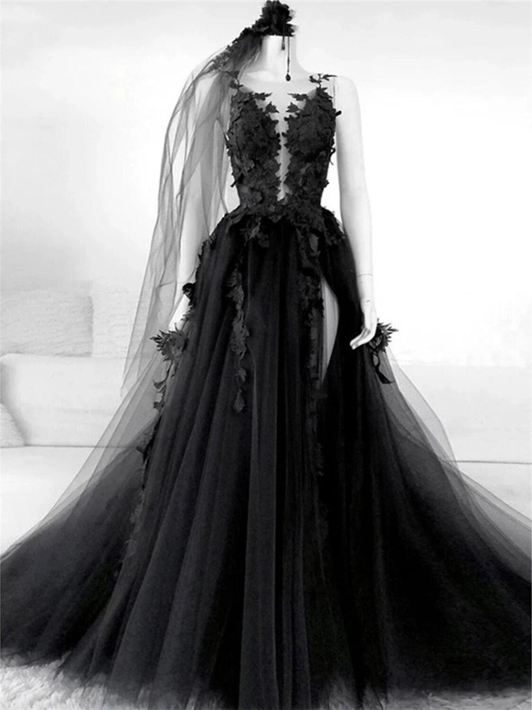 Robe de Soirée Trapèze/Princesse à Encolure Illusion Sans Manches avec Plis et Appliques Fendues