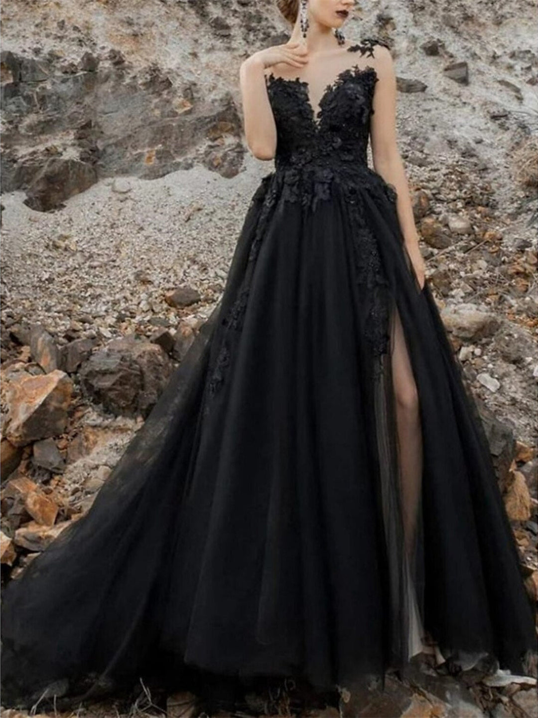 Robe de Soirée Trapèze/Princesse à Encolure Illusion Sans Manches avec Plis et Appliques Fendues