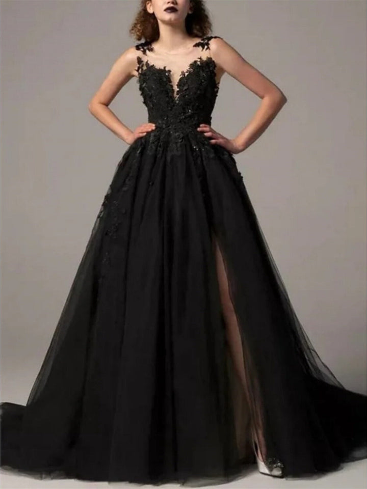 Robe de Soirée Trapèze/Princesse à Encolure Illusion Sans Manches avec Plis et Appliques Fendues