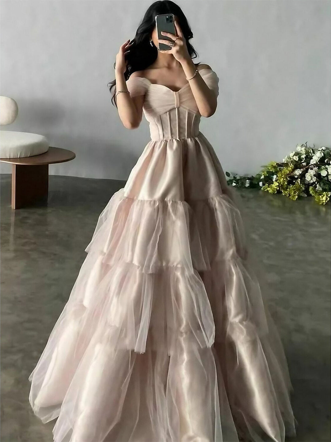 Robe de Soirée Trapèze/Princesse à Manches Courtes et Épaules Dénudées avec Plis
