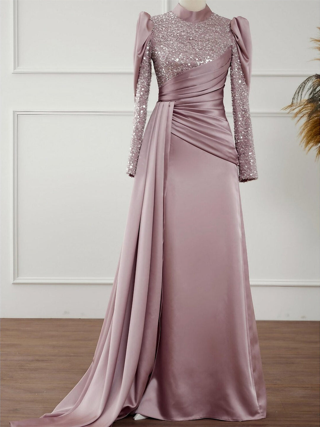 Robe de Soirée Trapèze/Princesse à Manches Longues et Col Bijou avec Plis Pailletés et Fronces