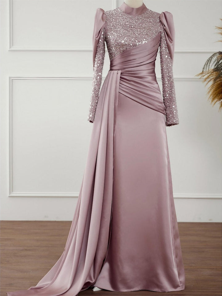 Robe de Soirée Trapèze/Princesse à Manches Longues et Col Bijou avec Plis Pailletés et Fronces