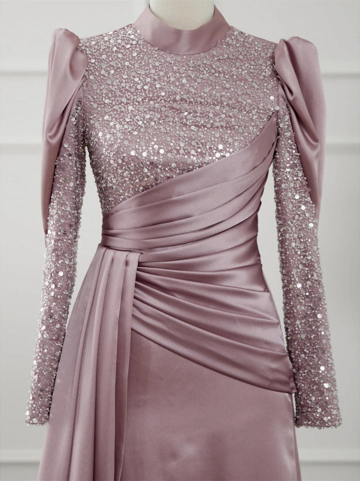 Robe de Soirée Trapèze/Princesse à Manches Longues et Col Bijou avec Plis Pailletés et Fronces