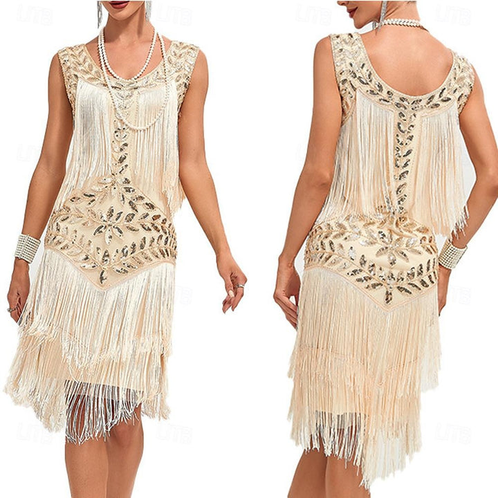 Robe Vintage Trapèze/Princesse Sans Manches, Longueur Genou, avec Paillettes et Franges à Pampilles