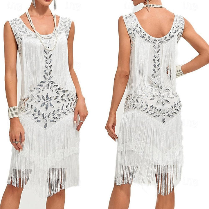 Robe Vintage Trapèze/Princesse Sans Manches, Longueur Genou, avec Paillettes et Franges à Pampilles